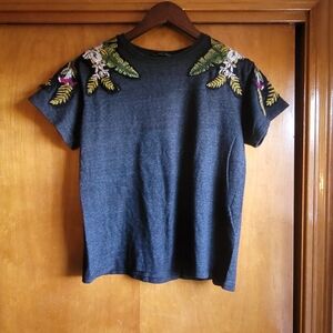 Zara Charcoal Tee with Floral Embroidery On Sleeves